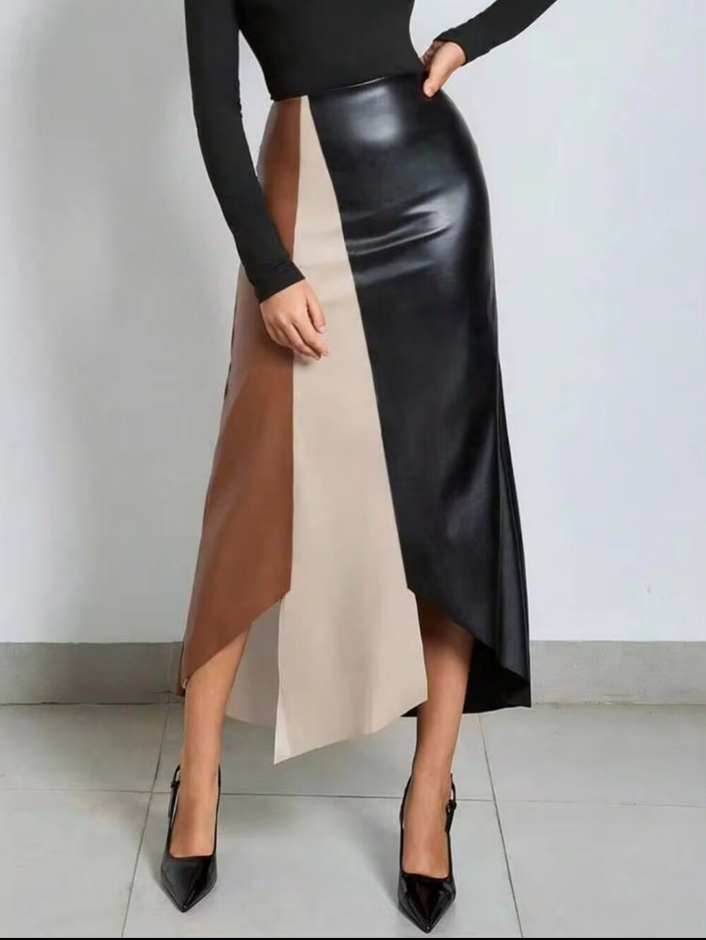 ✨STUNNING Tri-Panel Faux Leather Asymmetric Midi Skirt